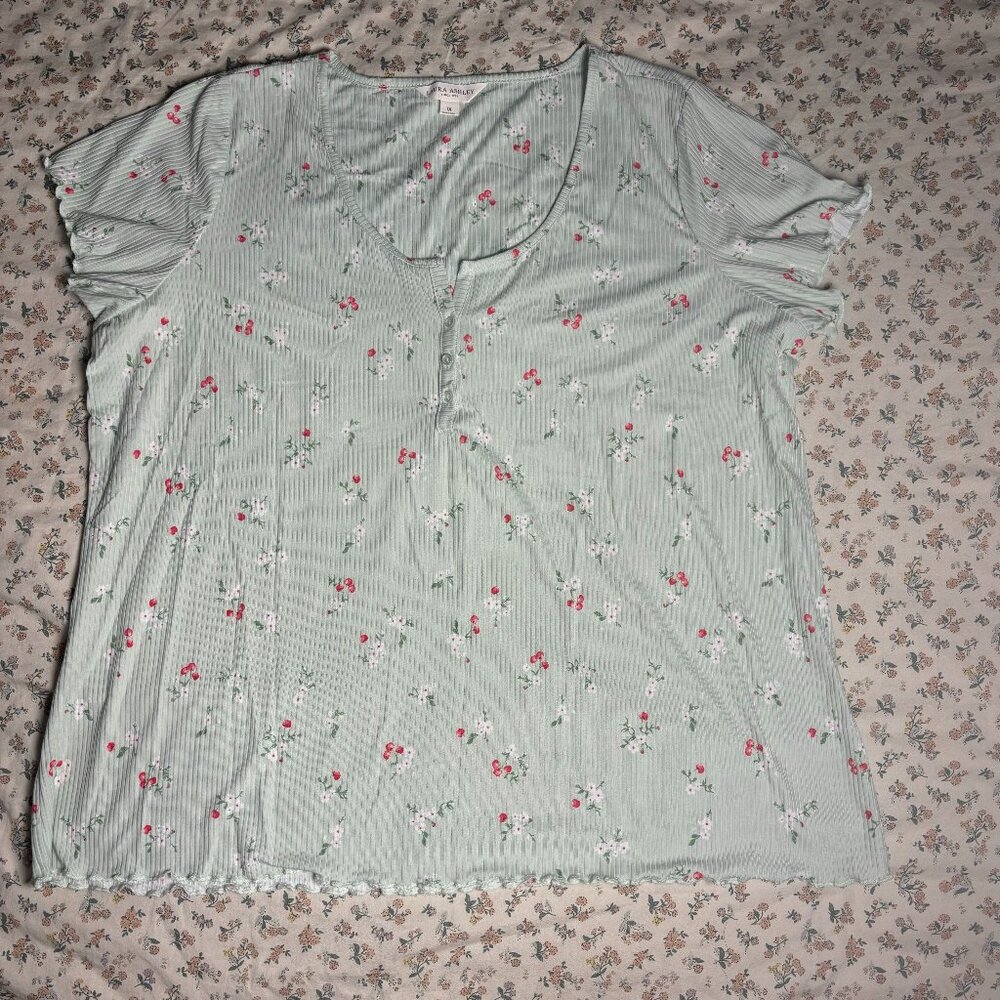 Laura Ashley 1XL Short Sleeve Button Pajamas Mint Green Blue Floral Ribbed - Picture 2 of 8
